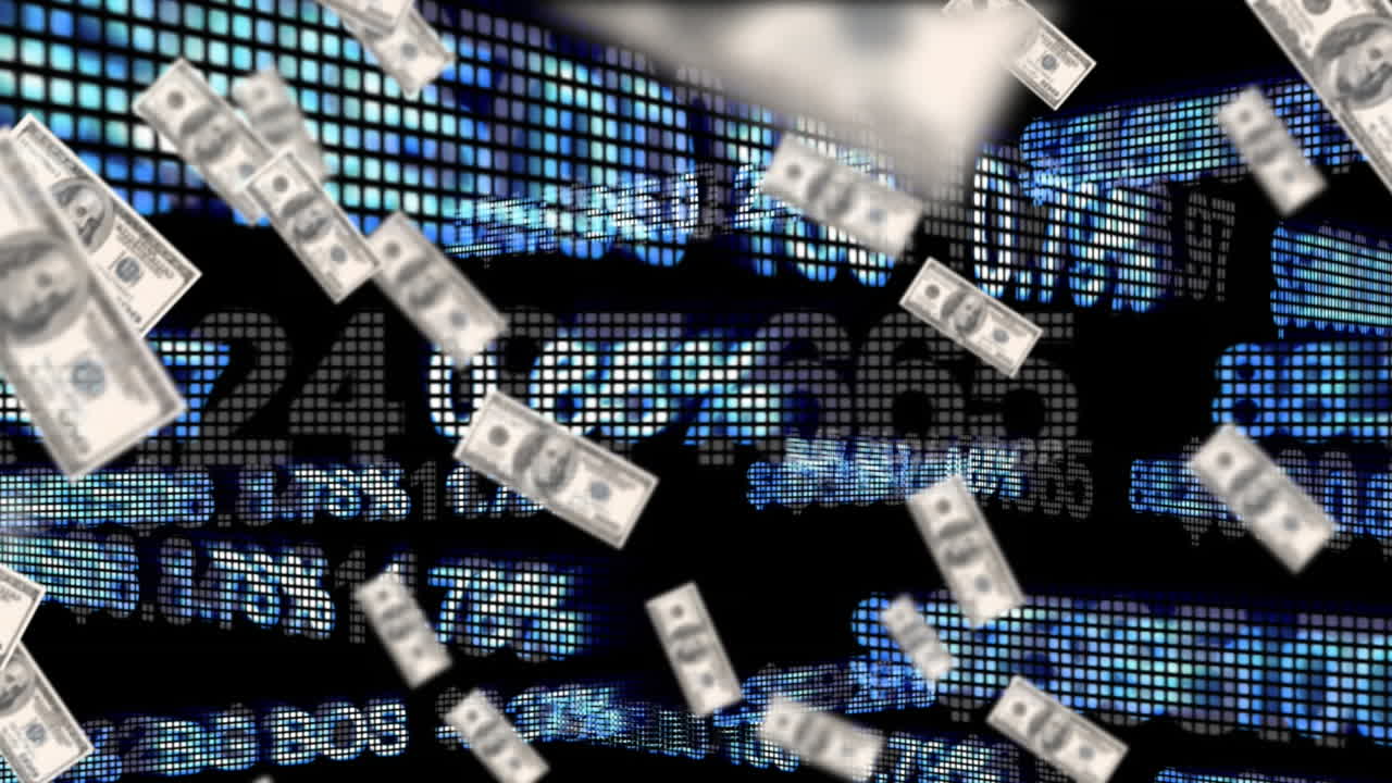 billetes de dólar flotantes con información financiera se mueven detrás en texto brillante sobre un fondo negro