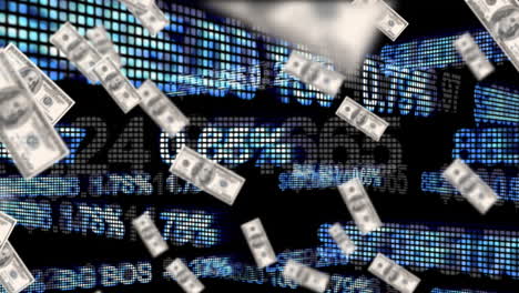 billetes de dólar flotantes con información financiera se mueven detrás en texto brillante sobre un fondo negro