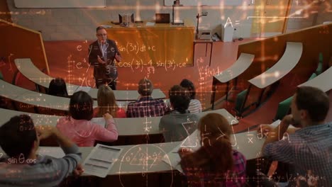 teacher and students in a auditorium surrounded by animation of mathematics symbols