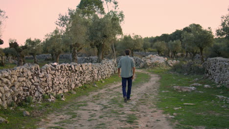 Calm-man-watching-ancient-fence-landscape.-Guy-walking-path-plantation-vertical