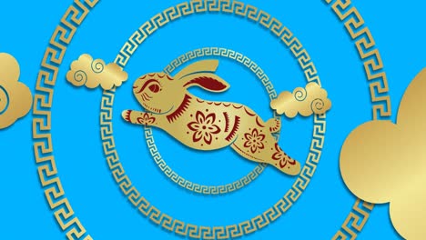 animation of chinese traditional decorations with rabbit on blue background