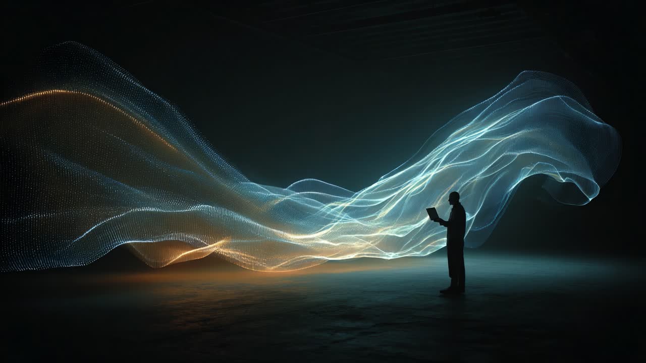 A Surreal Journey Through Light and Motion: A Figure Engaging with Fluid Waves of Illumination in a Darkened Space, Capturing the Essence of Creativity and Imagination in Motion