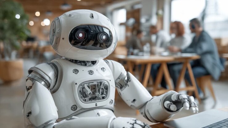 Un robot amichevole che interagisce in un moderno spazio di lavoro, mostrando tecnologia avanzata e interazione uomo-robot in un ambiente d'ufficio dinamico.