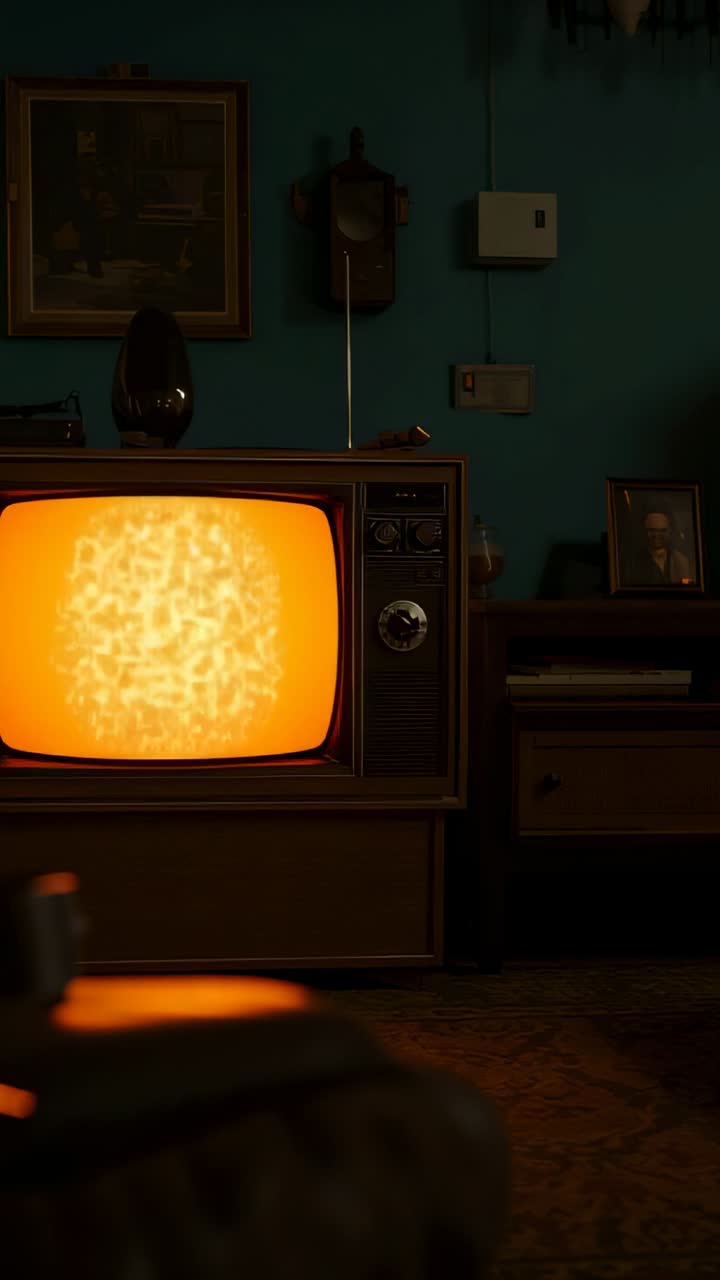 Video verticale: sfarfallio statico su un televisore CRT che si trasforma in una luce ambrata, illuminando un telefono a disco in uno studio