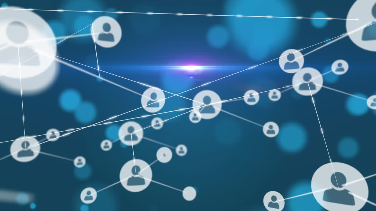 블루 렌즈 플레어에 대한 선으로 상호 연결되는 디지털 프로파일 아이콘의 애니메이션