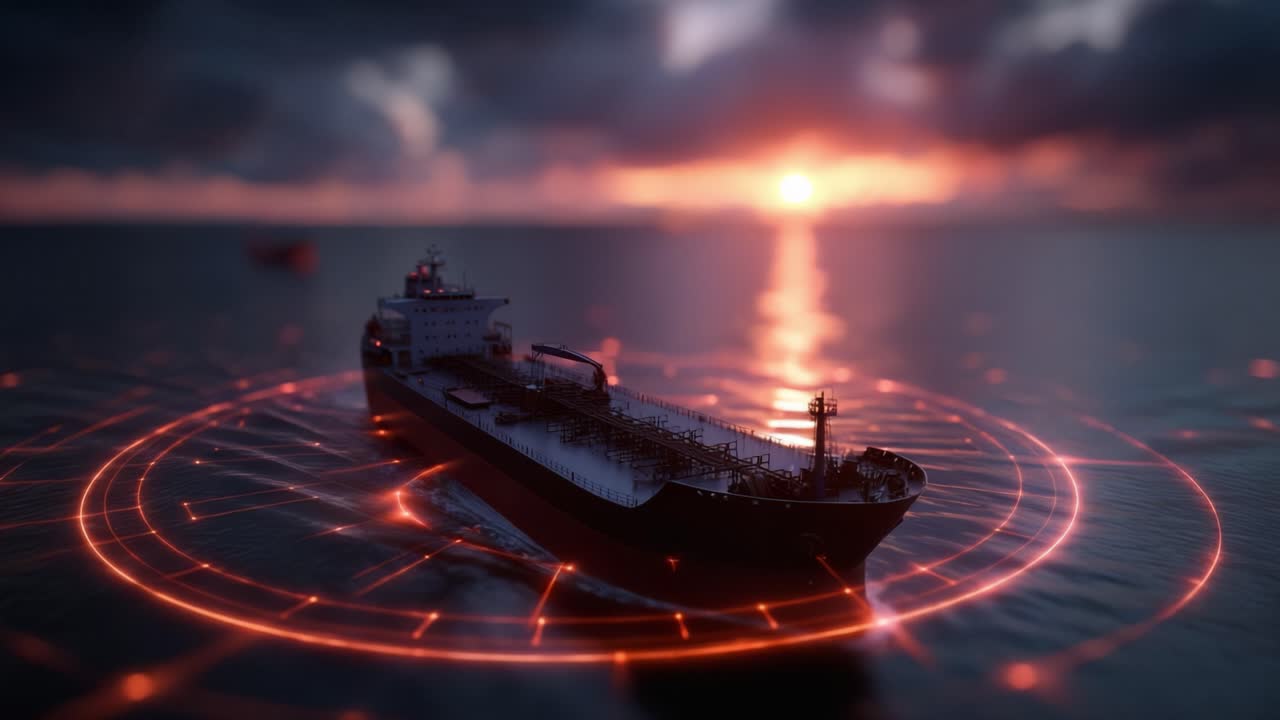 Grande petroliera naviga mari calmi durante il tramonto. Cerchi digitali luminosi appaiono intorno all'imbarcazione. Un cielo drammatico riflette calde sfumature arancioni sulla superficie dell'acqua. Ideale per temi di commercio globale.