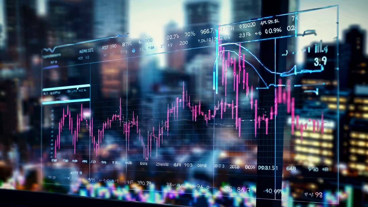 Un grafico digitale del mercato azionario sovrapposto a uno sfondo di paesaggio urbano, visto da un'angolazione laterale.