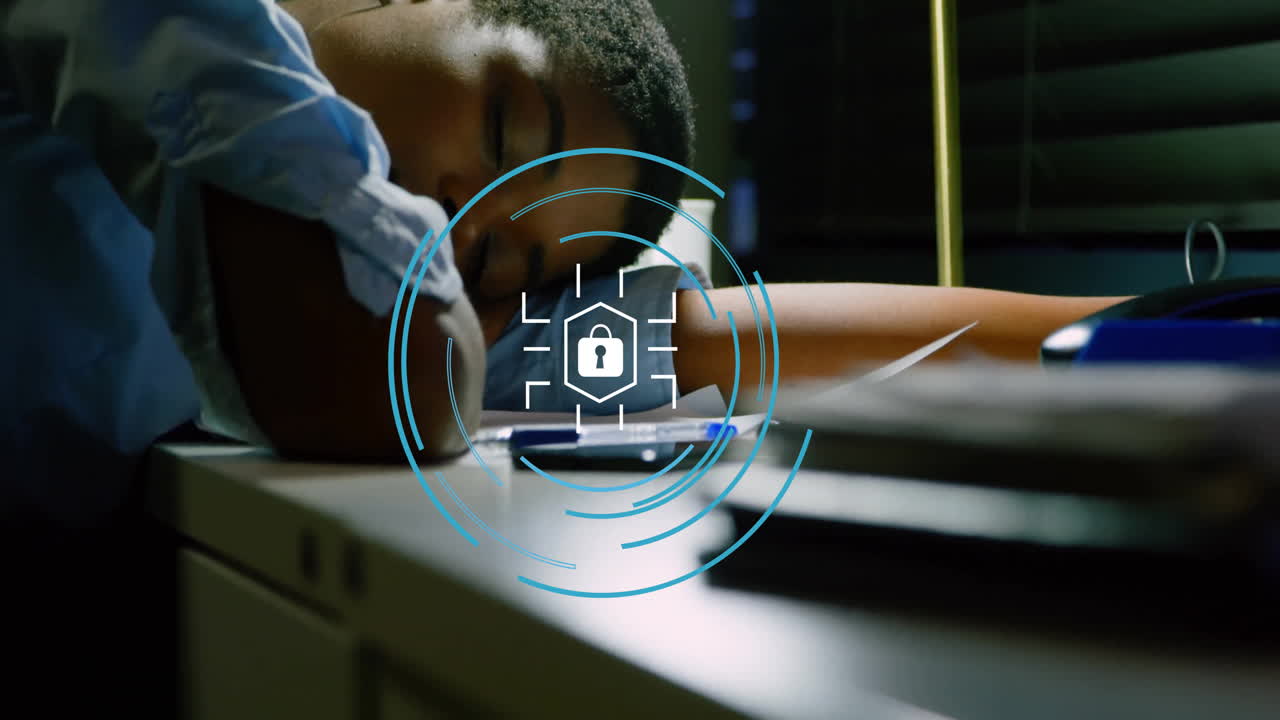 Animation of circle with lock icon over african american businesswoman sleeping on desk in office