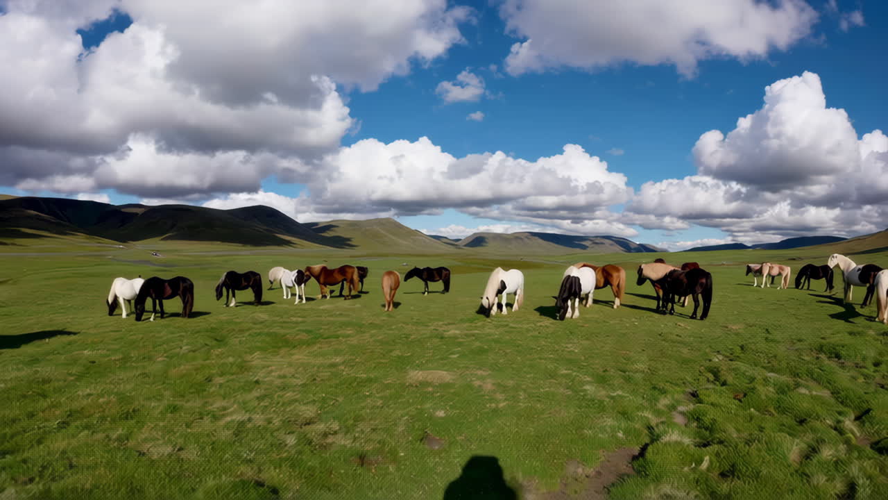 Herd of Icelandic Horses Grazing in a Green Pasture