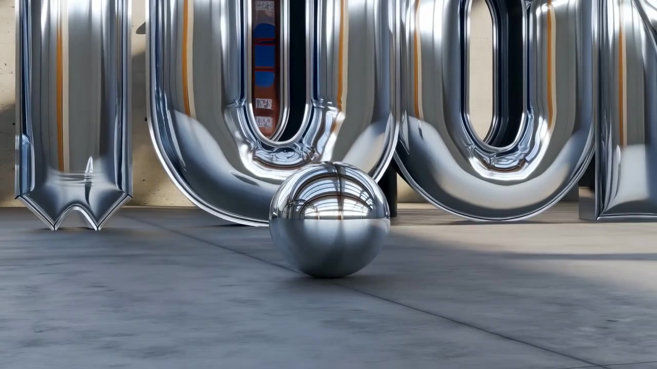 Sfera cromata lucida poggia su pavimento in cemento davanti a una scultura di lettere a palloncino cromate di grandi dimensioni all'interno di uno studio in cemento grezzo, con luce diurna soffusa, riflessi a specchio, ombre lunghe, toni smorzati, minimalista.