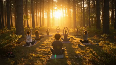 serene morning yoga in the woods: a tranquil group meditation embracing nature's calmness and the warmth of the rising sun during a relaxing retreat