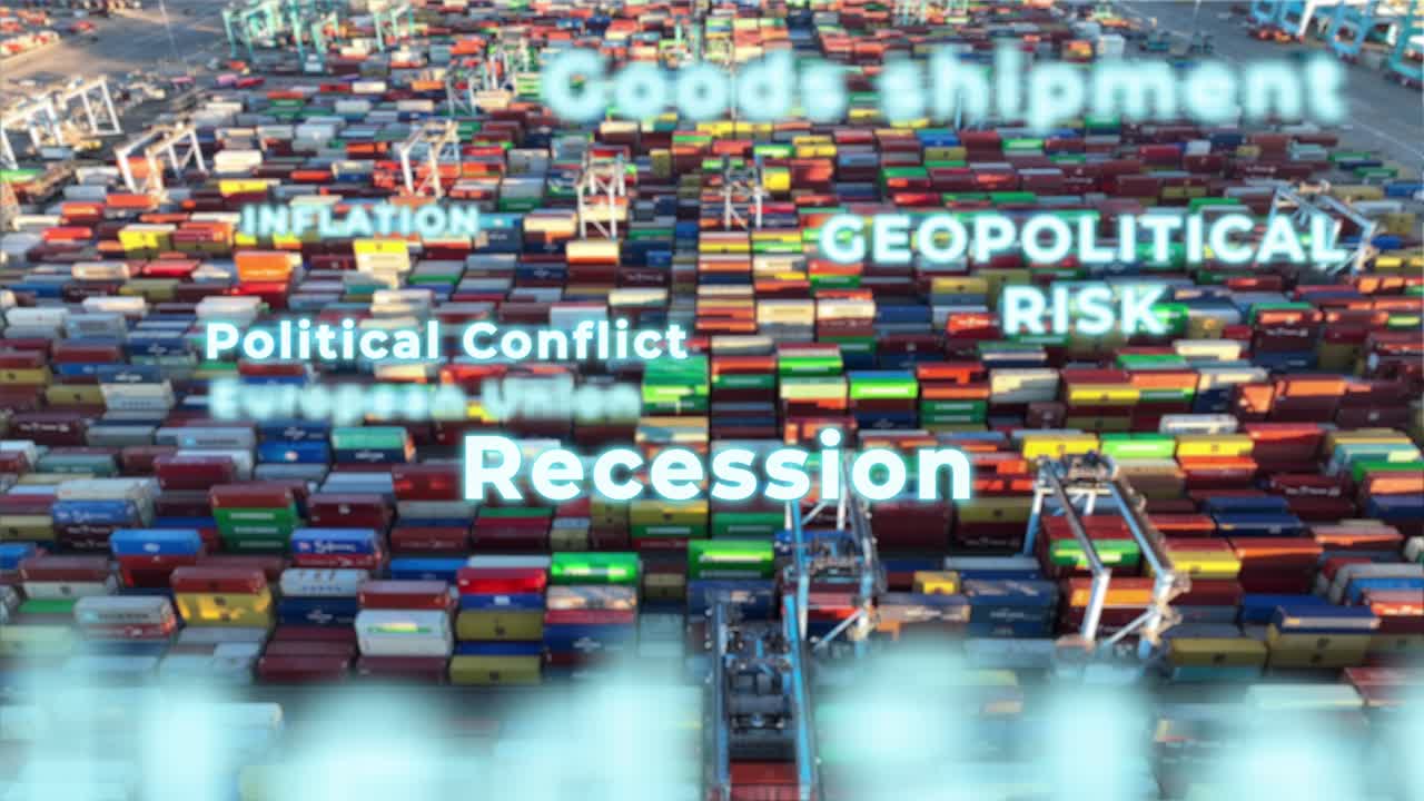 Aerial view of Norfolk Virginia shipping yard full of colorful containers with overlayed text of inflation recession geopolitical risk and political conflict to depict global economic challenges