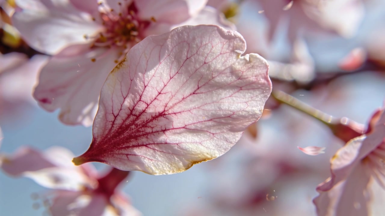 Drifting single pale pink blossom petal shifting on flower branch in sun, gentle breeze moving it