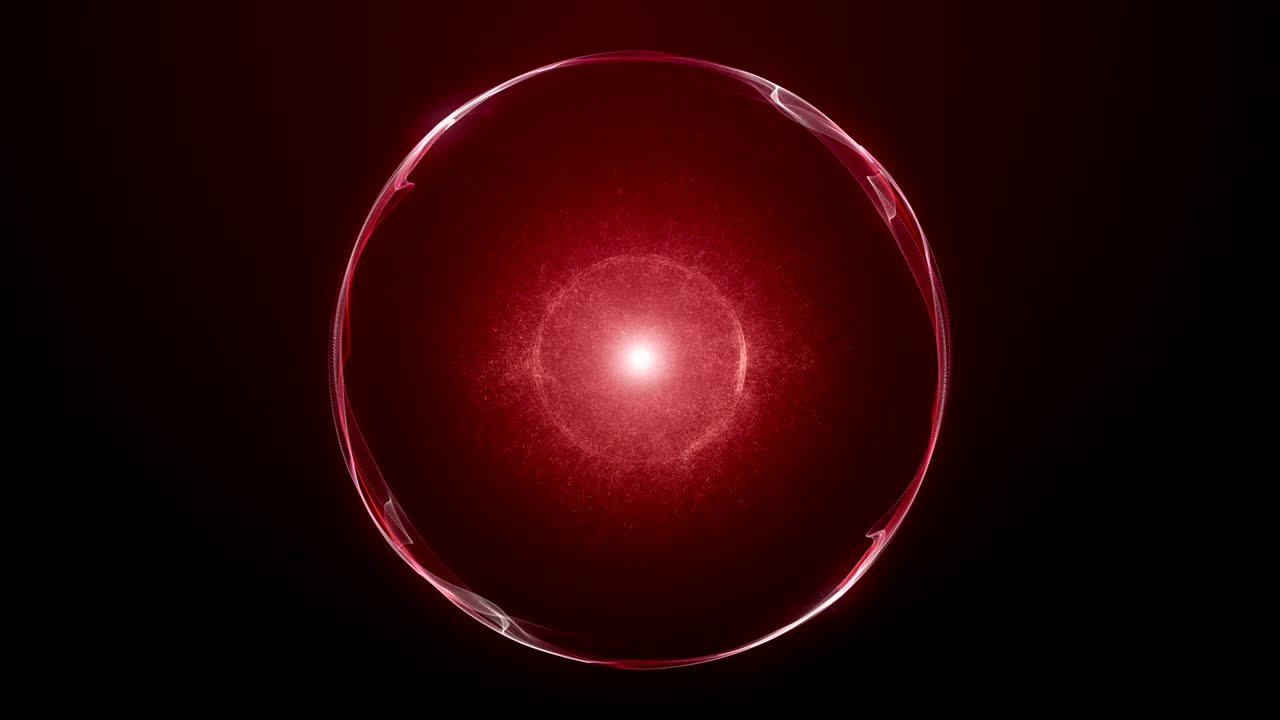Kraftfuld animation med sfærisk bølgeobjekt og partikler med glødende lys i slow motion, 4096x2304 loop 4K.