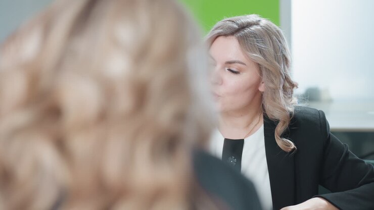 Professional woman actively speaking during business meeting with client in modern office environment, expressing ideas with serious demeanor, blurred figure of colleague in foreground