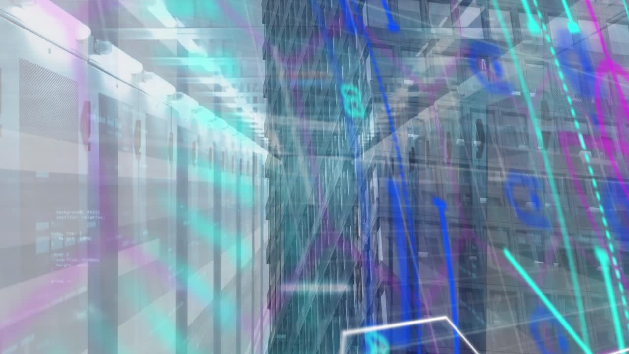 анимация цветной сканерной обработки через компьютерный сервер и городское здание