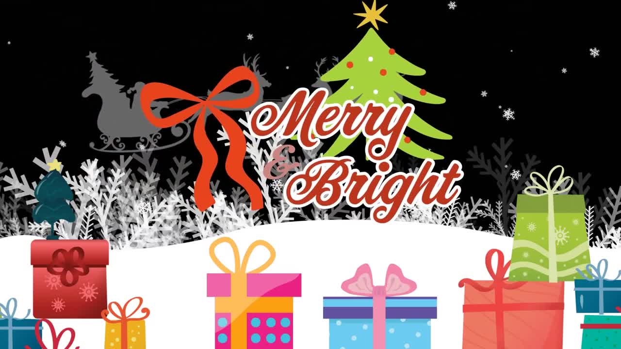 크리스마스에 눈이 내리고 겨울 풍경에 대한 즐거운 밝은 텍스트의 애니메이션