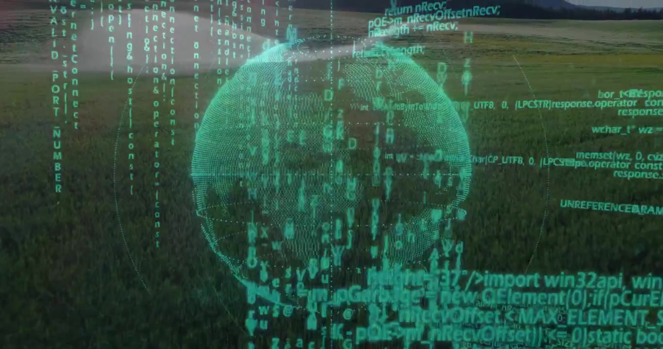 holographic digital globe being animated, streaming code over grassy meadow, 3D render