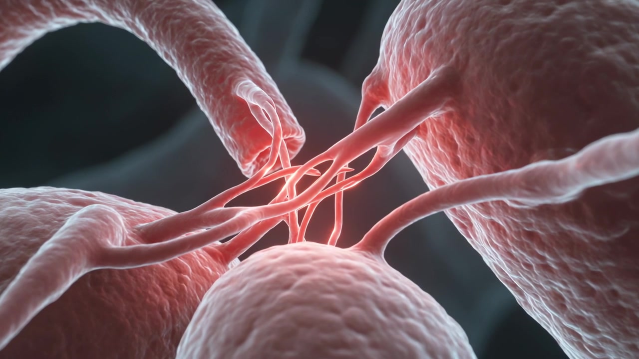 Grappolo pulsante di cellule rosa che sposta filamenti sotto il microscopio, con fotogrammi che avanzano e una giunzione che si illumina.