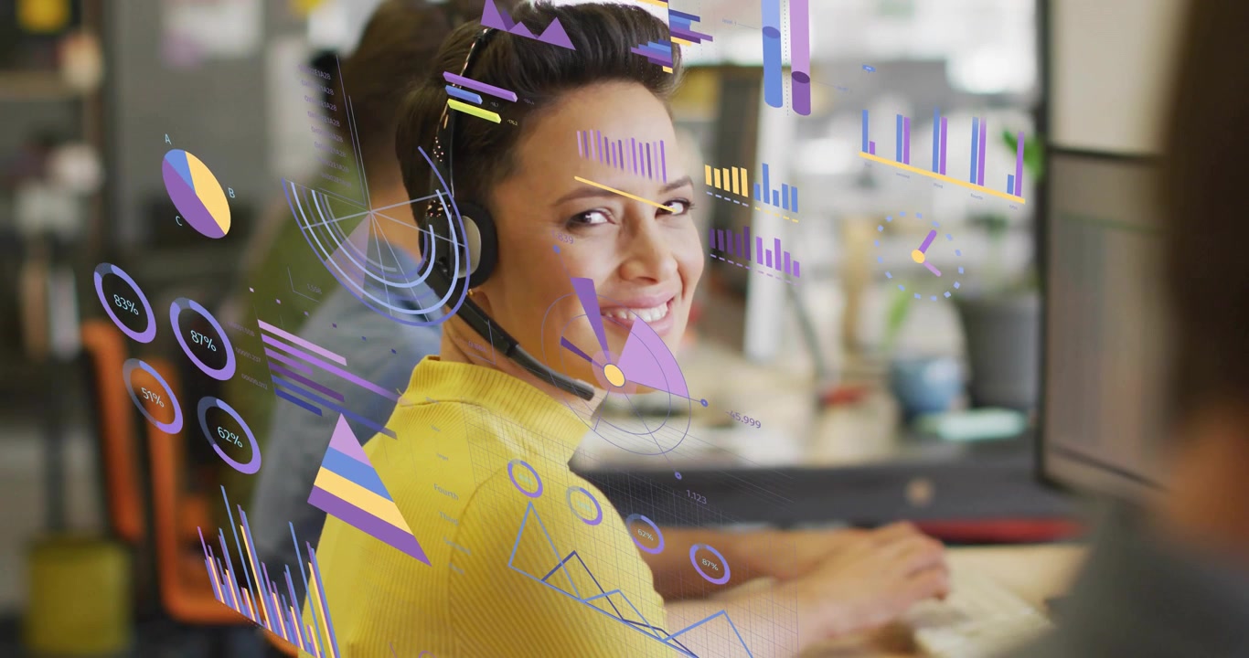 Femme tapant au clavier, regardant une notification d'appel entrant, tandis que des graphiques de données commerciales pulsent autour de son bureau.