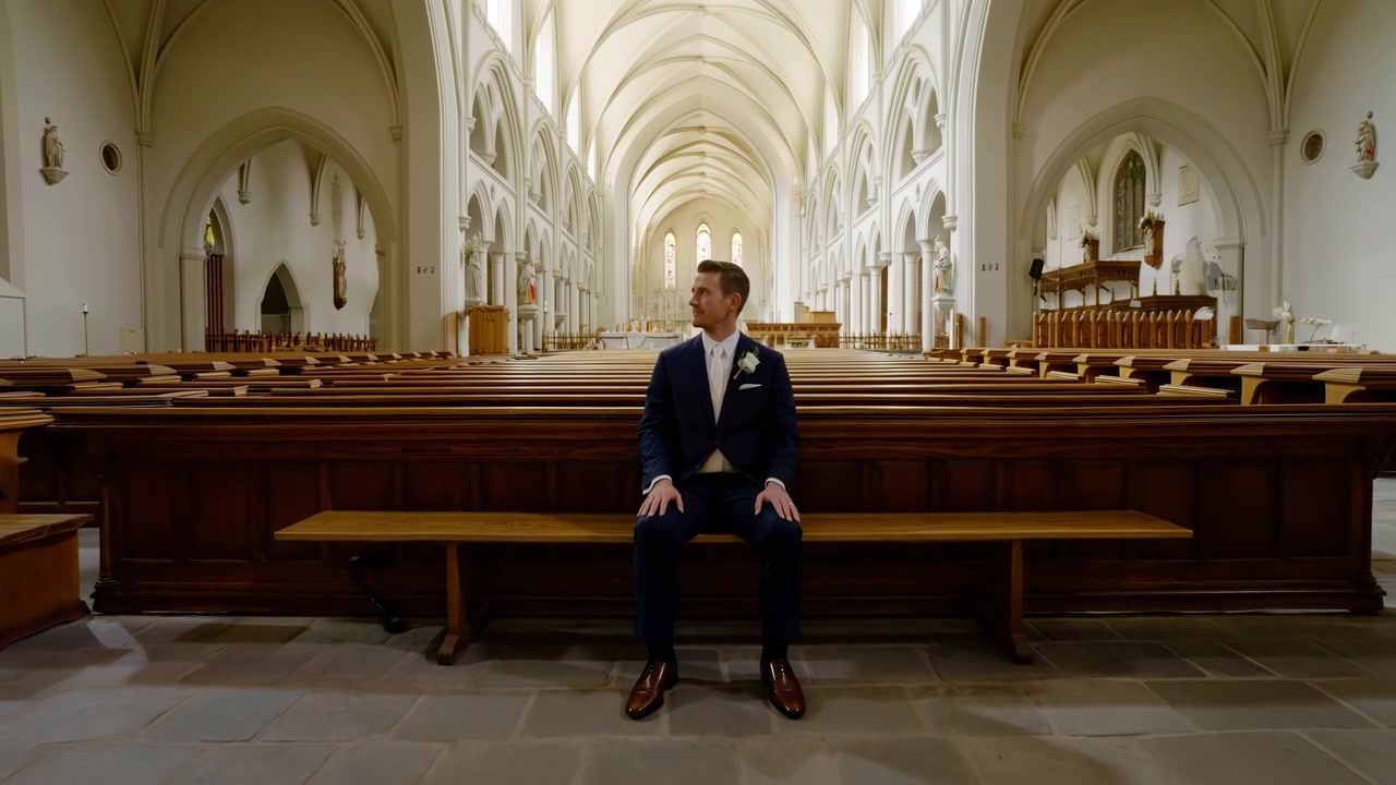A solitary man in a dark suit sits on a bench inside a spacious cathedral, looking to the side beneath tall arched ceilings and soft natural light