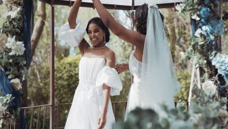 lesbian, marriage and couple dance at wedding