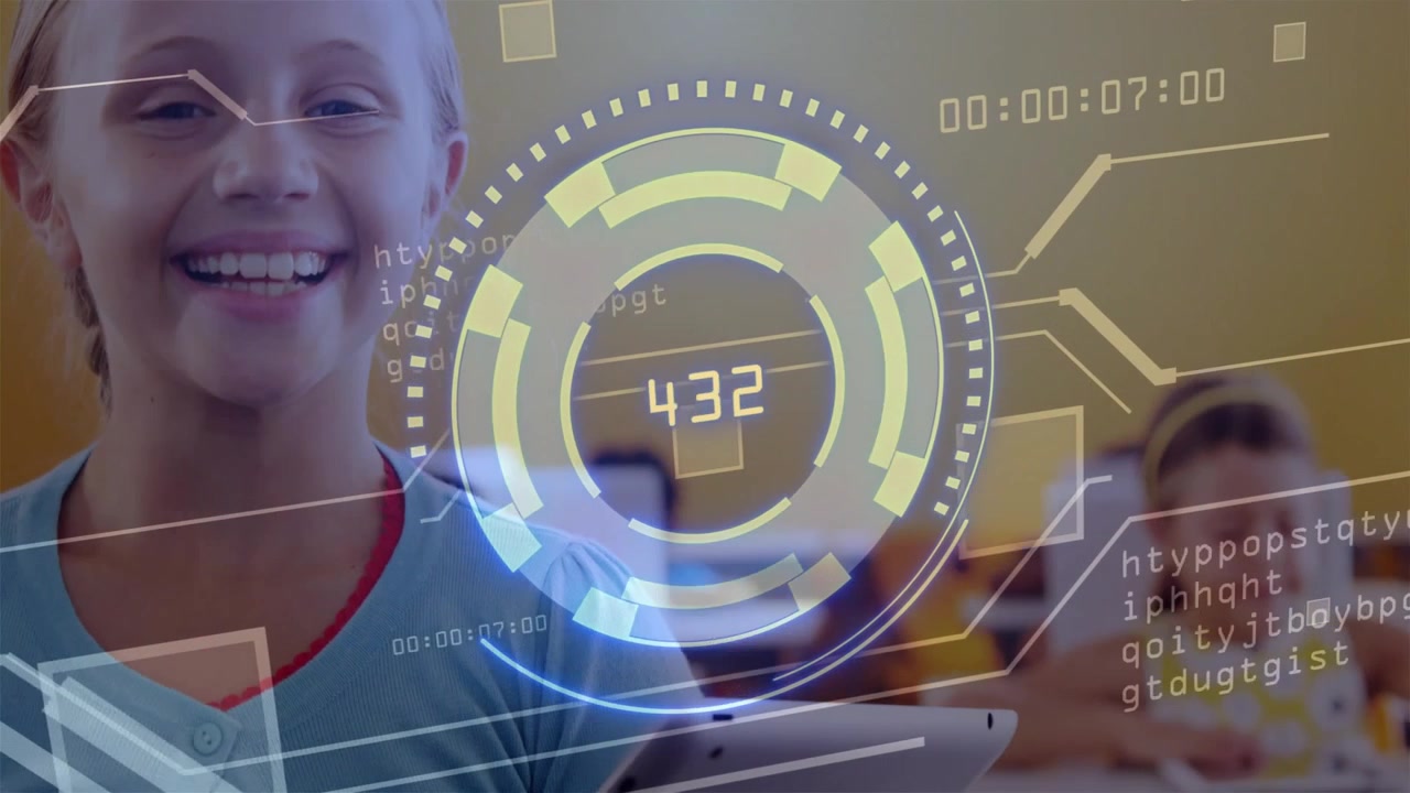 Student tapping tablet in school causing HUD rotating numbers enhancing learning smiling at camera