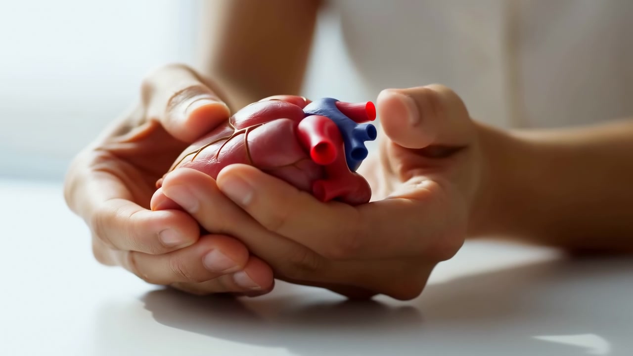 Close view of hands supporting small red and blue heart-shaped object while fingers remain still, with bright background, soft shadows, shallow composition and clean medical themed visual.