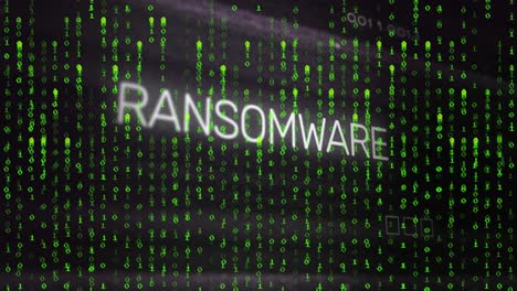 animación de texto de ransomware con patrón de placa de circuito sobre códigos binarios contra un fondo negro.