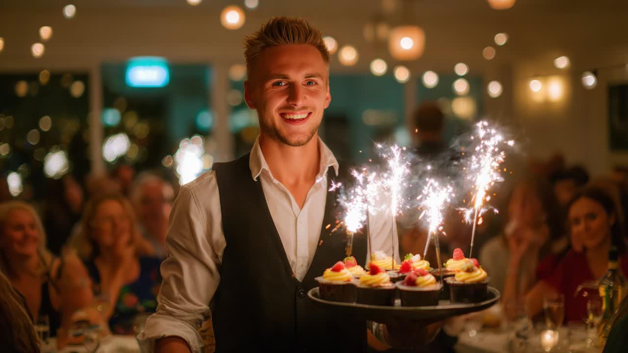 A Joyous Celebration Awaits as a Young Man Enthusiastically Presents a Tray of Sparkling Cupcakes, Surrounded by Cheerful Guests in a Warmly Lit Festive Atmosphere Filled with Delight and Anticipation