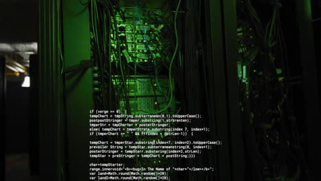Computer code animation over server racks in dark room