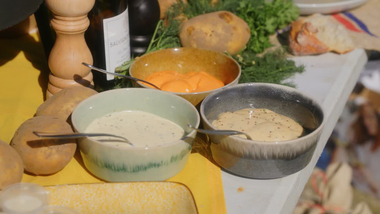 음식을 위한 다양한 종류의 소스가 있는 요리