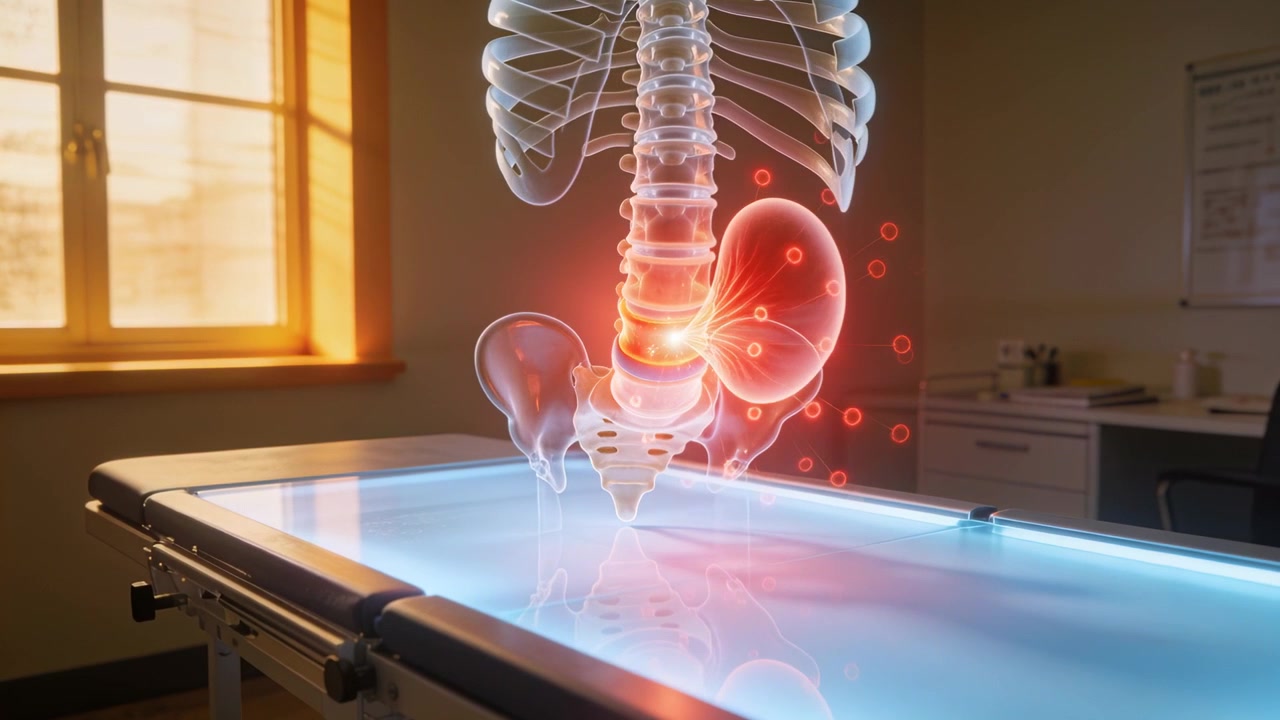 Appearing holographic torso hovering above lit exam table, highlighting red lumbar kidney particles