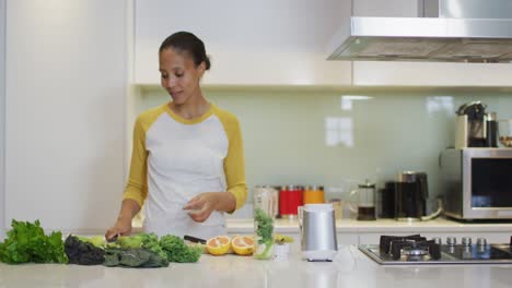 Mujer-De-Raza-Mixta-Preparando-Bebidas-Saludables,-Cortando-Frutas-Y-Verduras-En-La-Cocina.
