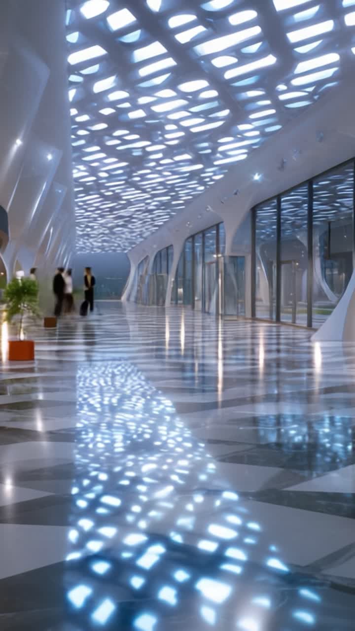 Un pasillo arquitectónico moderno con un diseño de techo único y luz reflejada, creando una atmósfera acogedora para profesionales de negocios que transitan.
