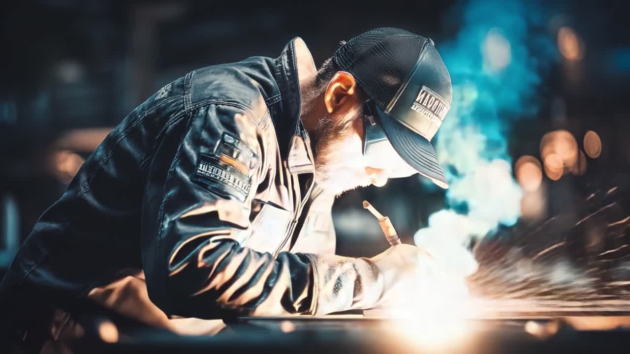 Ein erfahrener Handwerker betreibt Präzisionsmetallbearbeitung und erzeugt mit jeder Bewegung Funken und Kunstfertigkeit, was sein Fachwissen in Fertigungstechniken unter gedämpfter Werkstattbeleuchtung demonstriert.