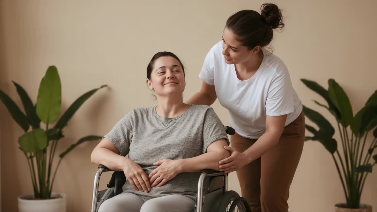 Primer plano de una silla de ruedas con una cuidadora que sujeta a una mujer sentada para que no pierda el equilibrio en casa, con plantas