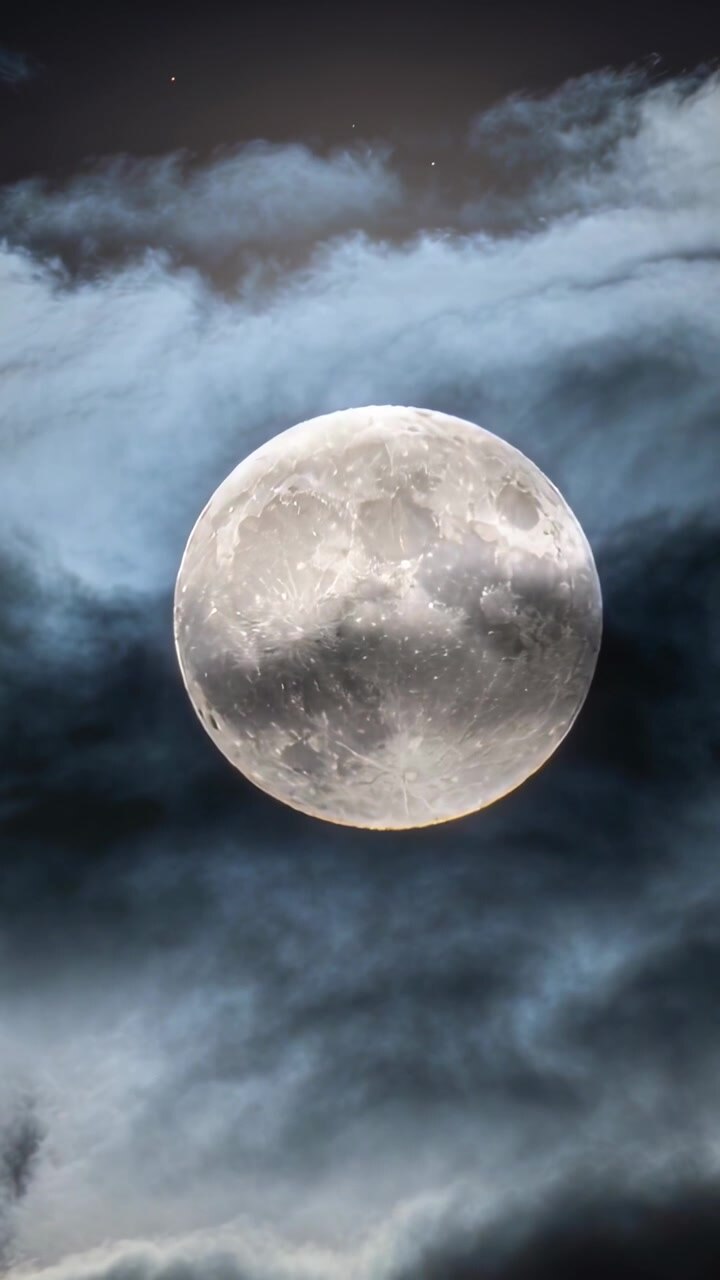 Vídeo vertical: Lua cheia brilhante permanecendo estável no céu noturno, vento movendo nuvens sobre o disco
