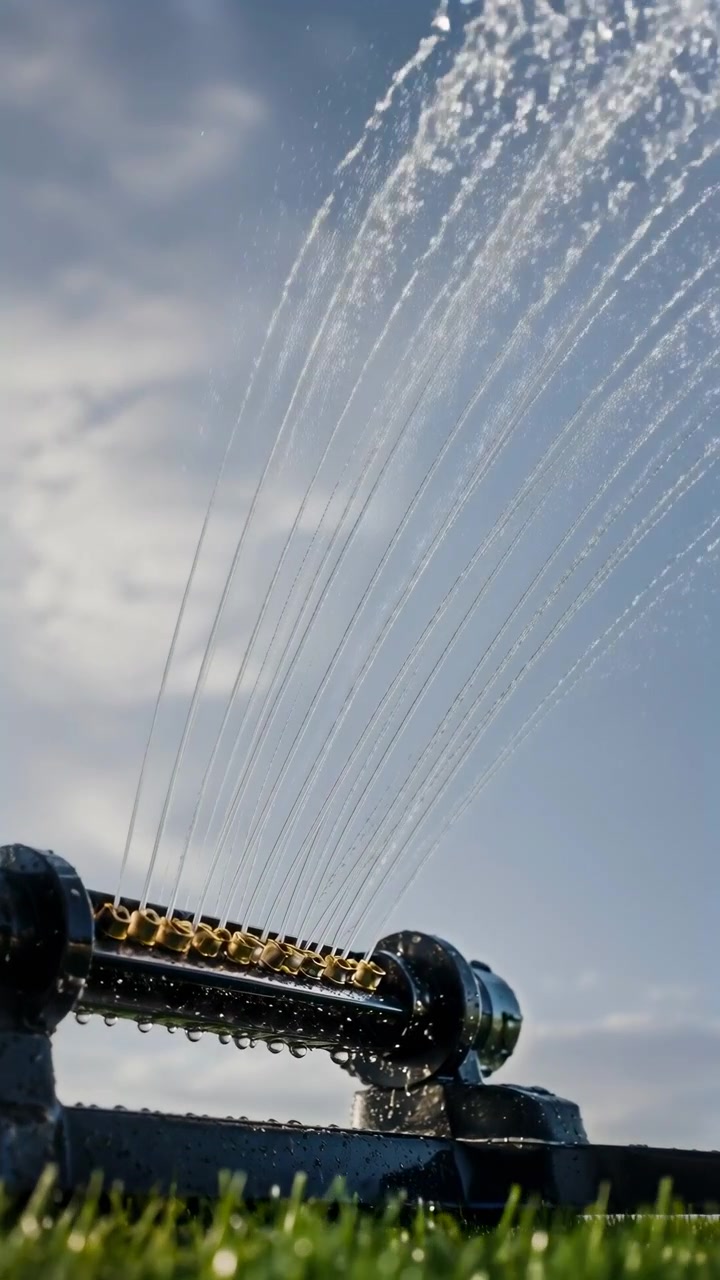 Una vista ravvicinata cattura la testina dell'irrigatore che rilascia più getti d'acqua sul prato mentre le goccioline brillano alla luce del sole, con uno sfondo di cielo tenue, una prospettiva ravvicinata e un movimento di irrigazione dettagliato
