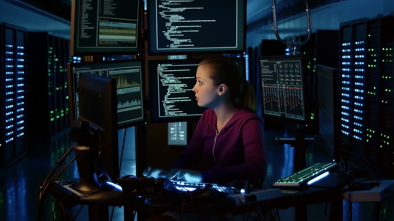 Female Programmer Working in a Dark Server Room with Multiple Screens