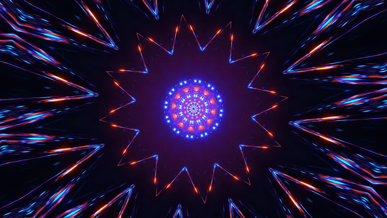 estallido de estrellas azules y púrpuras con fondo negro. ciclo de caleidoscopio vj