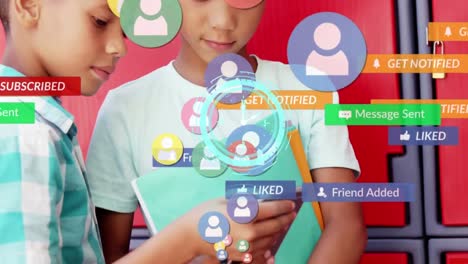 Animation-of-clock,-profile-icons-and-notifications-over-biracial-boys-using-smartphone-in-school