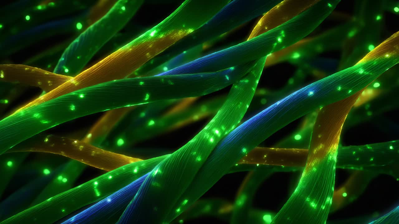 A mesmerizing, colorful close-up of vibrant and intricate strands that represent a network of bio-inspired structures showcasing interwoven patterns and luminous elements shining in dynamic colors