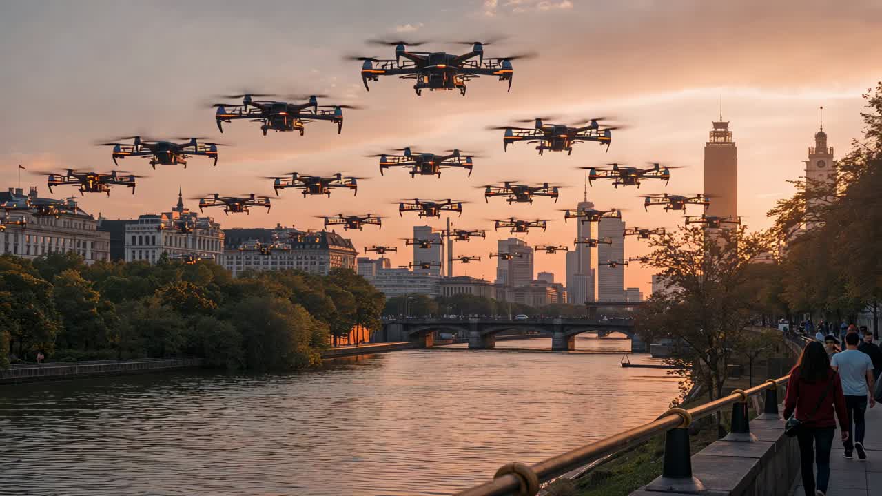 Starting quadcopter drones staging show, shifting right over riverfront, pair red-jacket walking