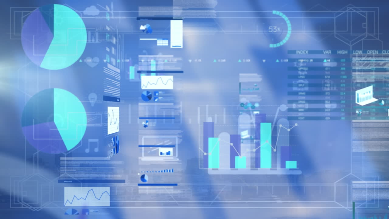 animación de la barra de carga sobre pantallas con procesamiento de datos estadísticos contra un fondo azul.