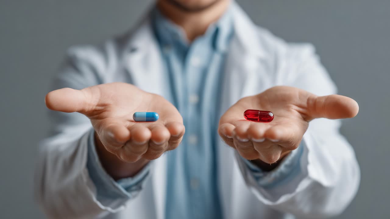 A healthcare professional holding two contrasting capsules in their hands, illustrating the dichotomy between different medical treatments or choices available to patients