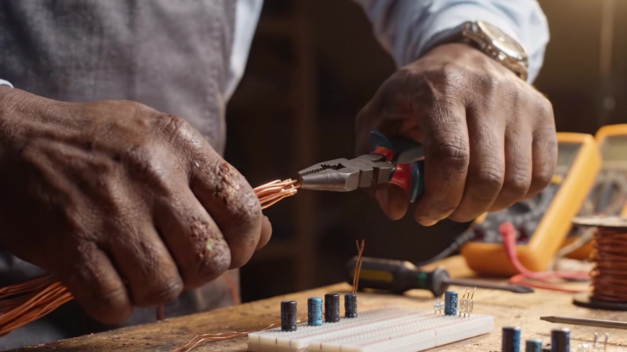 Hands Skillfully Assembling Electrical Components with Copper Wires on Workbench Surrounded by Tools and Measuring Devices for Professional Projects
