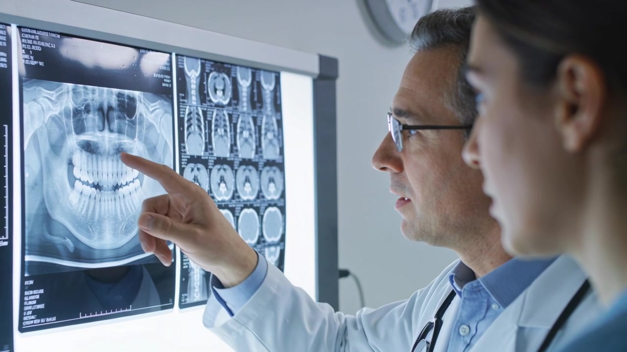 Medico in camice che indica e spiega radiografie panoramiche e scansioni assiali da esaminare in clinica, con spazio per il testo.