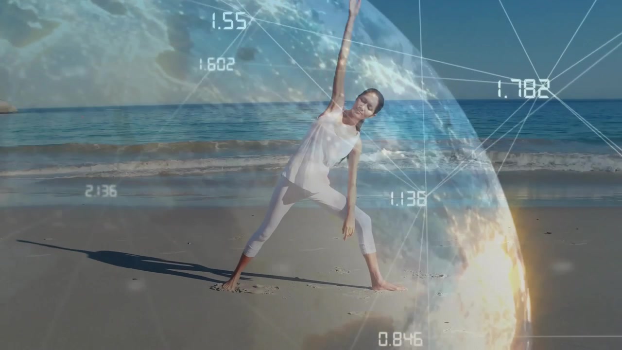 Woman initiating beach yoga flow by engaging digital globe overlay, shifting data mesh for fitness