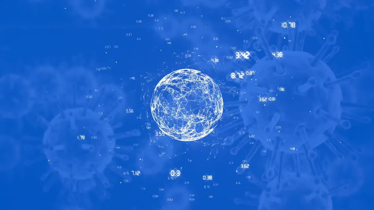 파란색 배경에 있는 여러 코로나19 세포에 대해 회전하는 연결 네트워크의 세계